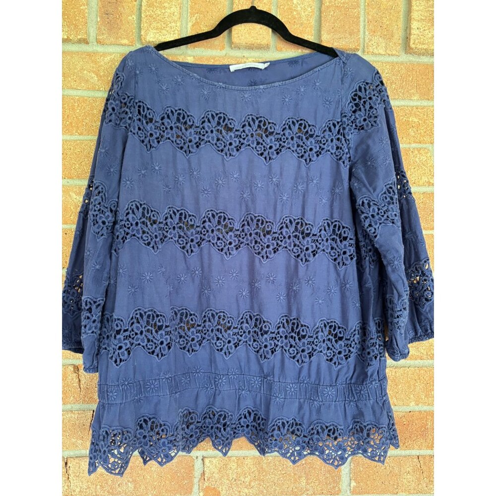 Anne Fontaine Evita Navy Blue Cotton Lace 3/4 Sleeve Blouse Embroidered Design